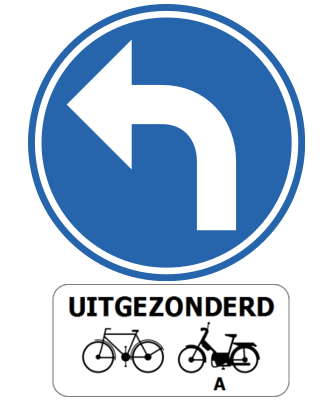 Linksabbiegen vorgeschrieben, außer für Radfahrer und Mofas der Klasse A.